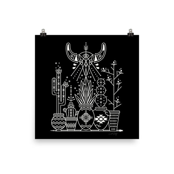 Santa Fe Garden – White Ink on Black  •  Art Print