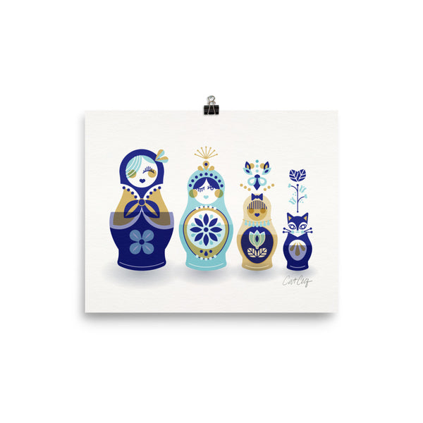 Russian Nesting Dolls – Blue & Gold Palette • Art Print