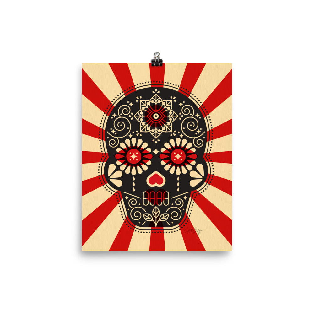 Día de Muertos – Mexican Sugar Skull – Crimson & Cream Starburst • Art Print