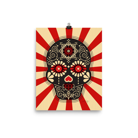 Día de Muertos – Mexican Sugar Skull – Crimson & Cream Starburst • Art Print