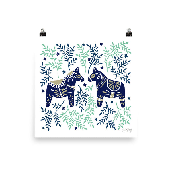 Swedish Dala Horses – Navy & Mint Palette • Art Print
