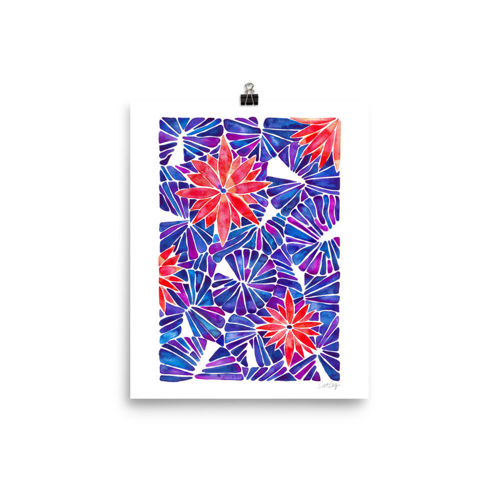 Water Lilies – Cherry & Indigo Palette  •  Art Print