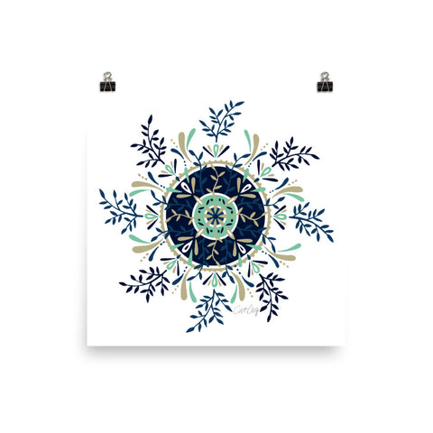 Leaf Mandala – Navy & Mint Palette • Art Print