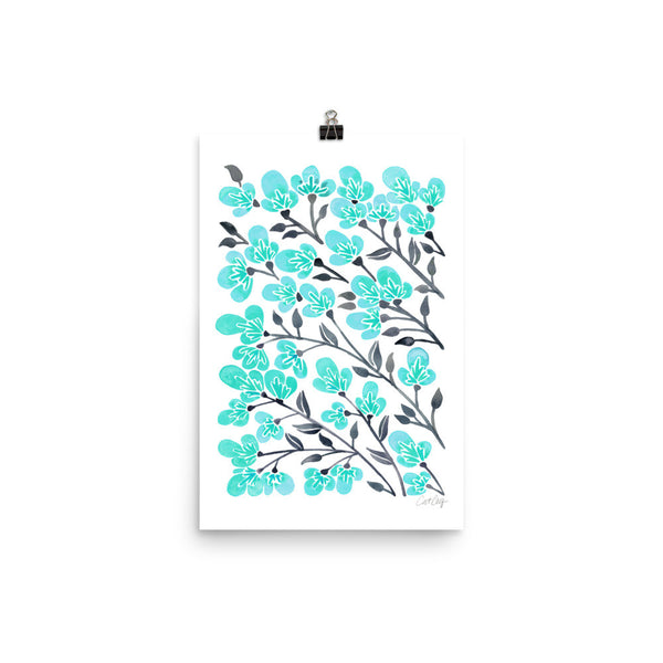 Cherry Blossoms – Turquoise & Grey Palette • Art Print